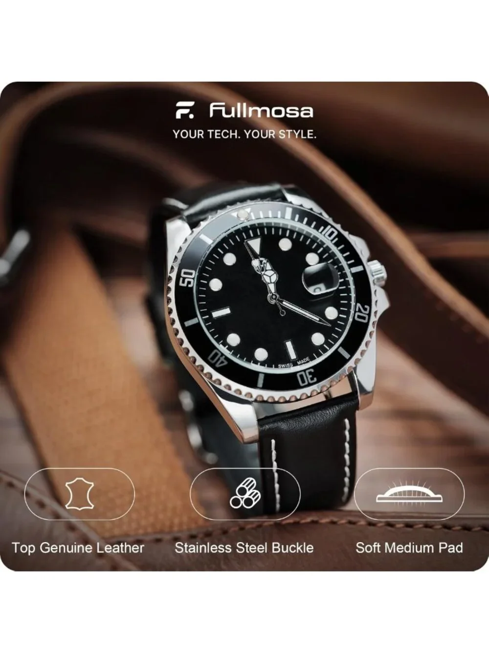 Stylish 24mm Quick Release Leather Watch Band - Durable & Comfortable Strap